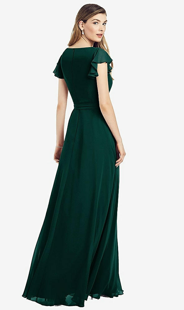 Back View - Evergreen Flutter Sleeve Faux Wrap Chiffon Dress