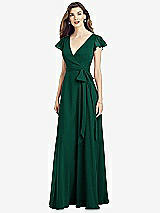 Front View Thumbnail - Hunter Green Flutter Sleeve Faux Wrap Chiffon Dress