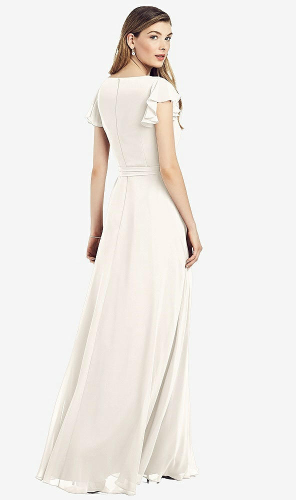 Back View - Ivory Flutter Sleeve Faux Wrap Chiffon Dress