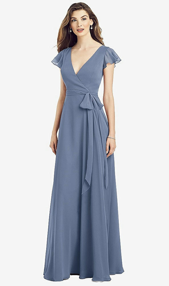 Front View - Larkspur Blue Flutter Sleeve Faux Wrap Chiffon Dress