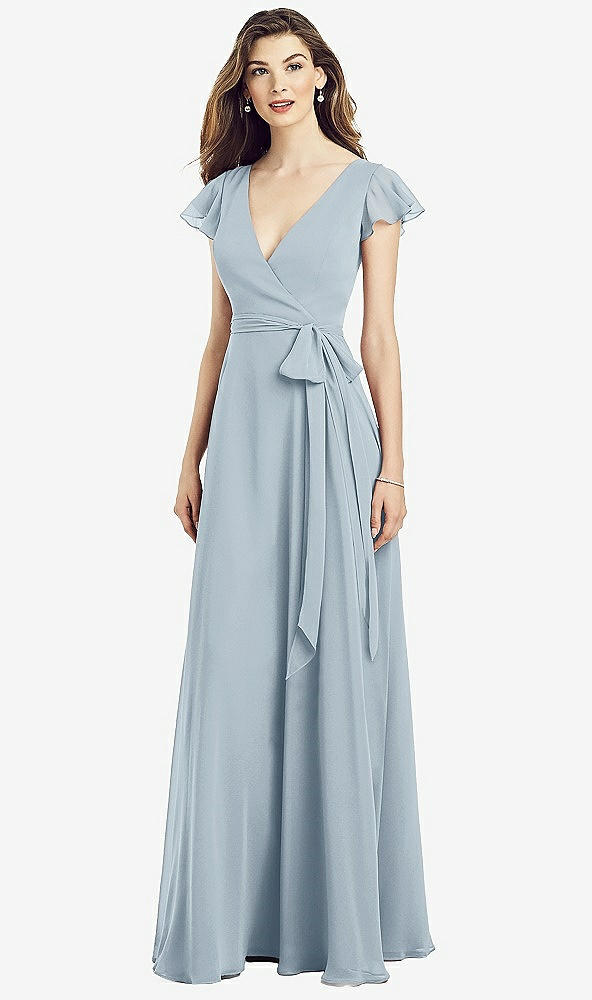 Front View - Mist Flutter Sleeve Faux Wrap Chiffon Dress