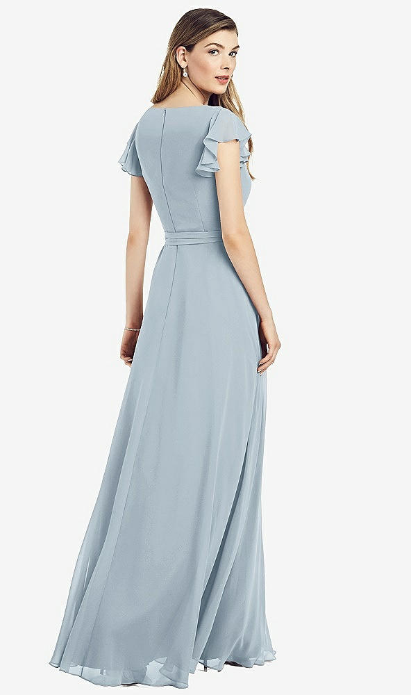 Back View - Mist Flutter Sleeve Faux Wrap Chiffon Dress