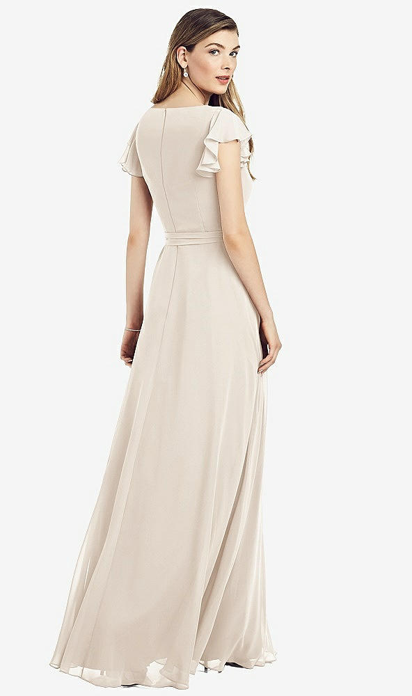 Back View - Oat Flutter Sleeve Faux Wrap Chiffon Dress