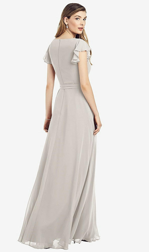 Back View - Oyster Flutter Sleeve Faux Wrap Chiffon Dress