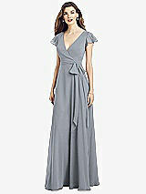 Front View Thumbnail - Platinum Flutter Sleeve Faux Wrap Chiffon Dress