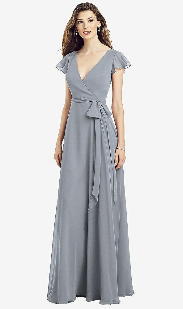 Front View - Platinum Flutter Sleeve Faux Wrap Chiffon Dress