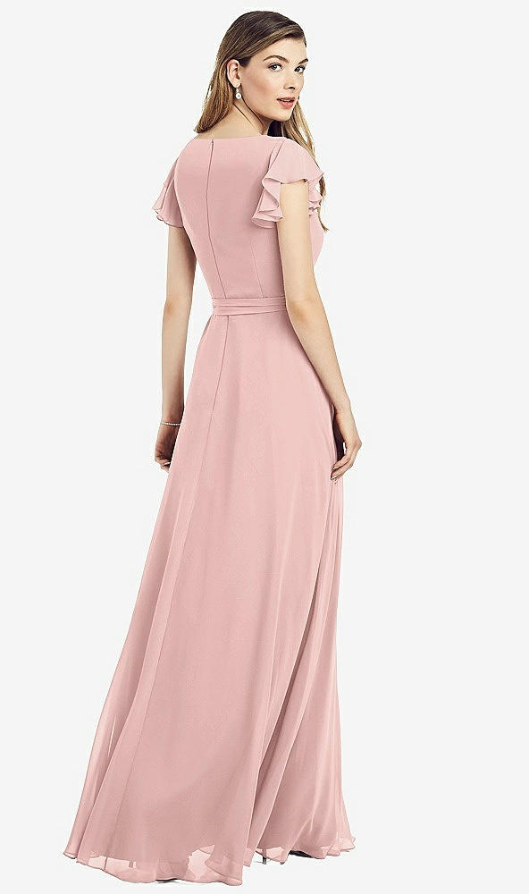 Back View - Rose - PANTONE Rose Quartz Flutter Sleeve Faux Wrap Chiffon Dress