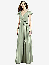 Front View Thumbnail - Sage Flutter Sleeve Faux Wrap Chiffon Dress