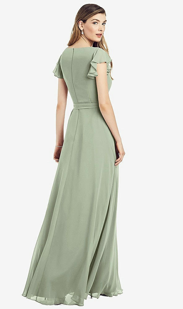 Back View - Sage Flutter Sleeve Faux Wrap Chiffon Dress