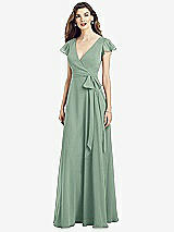 Front View Thumbnail - Seagrass Flutter Sleeve Faux Wrap Chiffon Dress