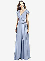 Front View Thumbnail - Sky Blue Flutter Sleeve Faux Wrap Chiffon Dress