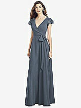 Front View Thumbnail - Silverstone Flutter Sleeve Faux Wrap Chiffon Dress