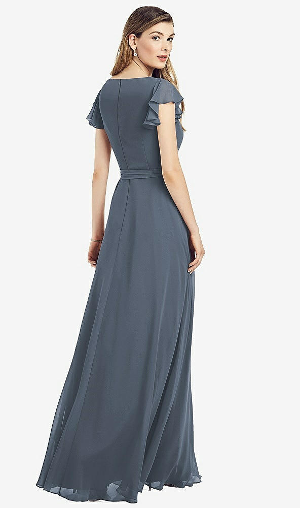 Back View - Silverstone Flutter Sleeve Faux Wrap Chiffon Dress