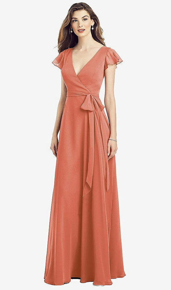 Front View - Terracotta Copper Flutter Sleeve Faux Wrap Chiffon Dress