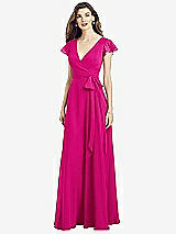 Front View Thumbnail - Think Pink Flutter Sleeve Faux Wrap Chiffon Dress