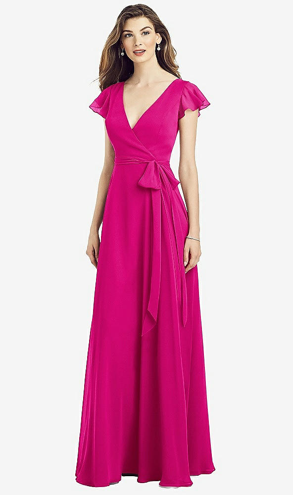 Front View - Think Pink Flutter Sleeve Faux Wrap Chiffon Dress