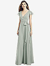 Front View Thumbnail - Willow Green Flutter Sleeve Faux Wrap Chiffon Dress