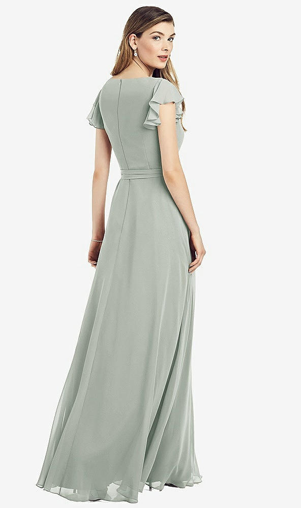 Back View - Willow Green Flutter Sleeve Faux Wrap Chiffon Dress