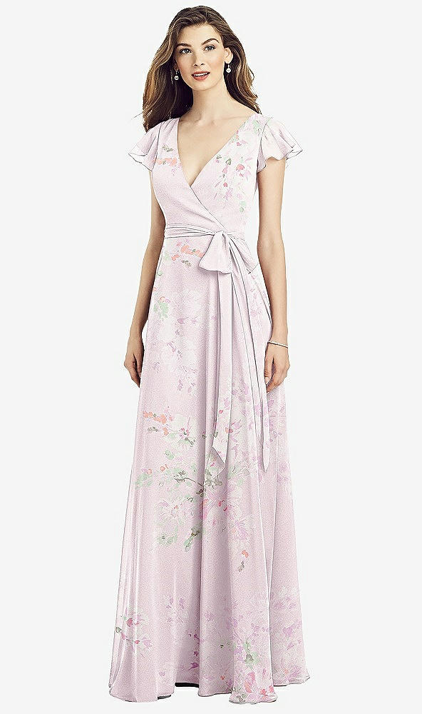 Front View - Watercolor Print Flutter Sleeve Faux Wrap Chiffon Dress