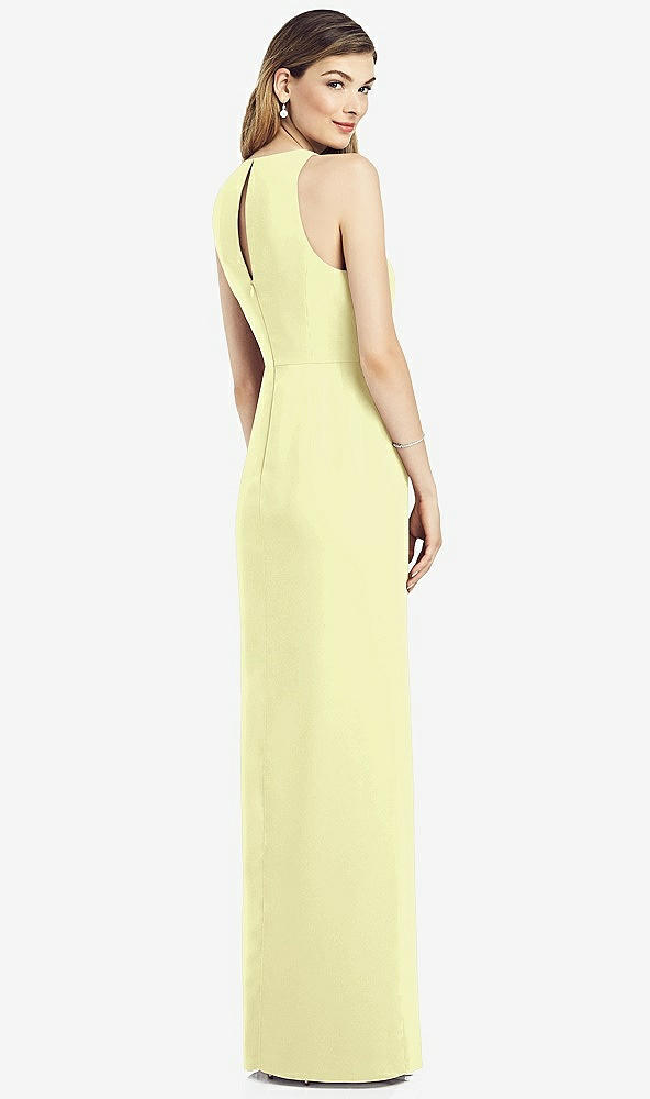 Back View - Butter Yellow Sleeveless Chiffon Dress with Draped Front Slit