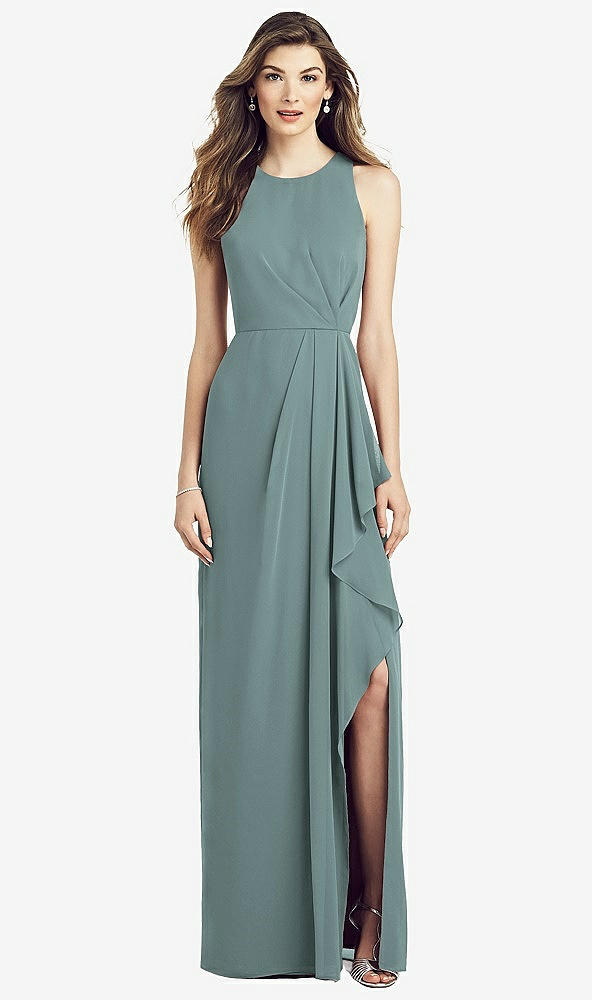 Front View - Icelandic Sleeveless Chiffon Dress with Draped Front Slit