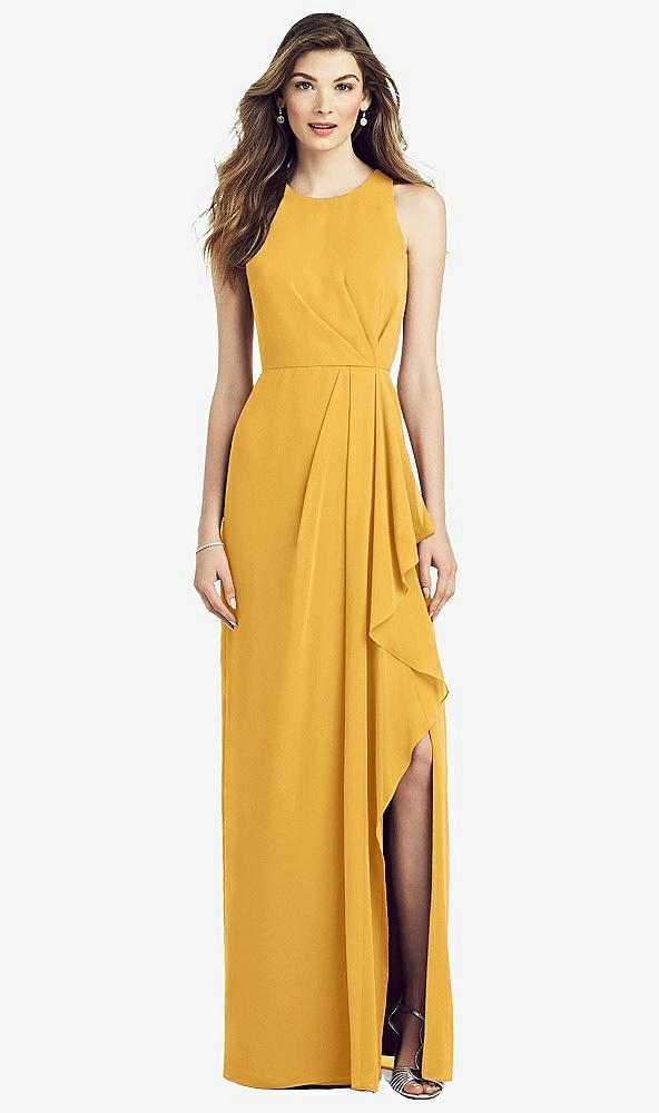 Front View - NYC Yellow Sleeveless Chiffon Dress with Draped Front Slit