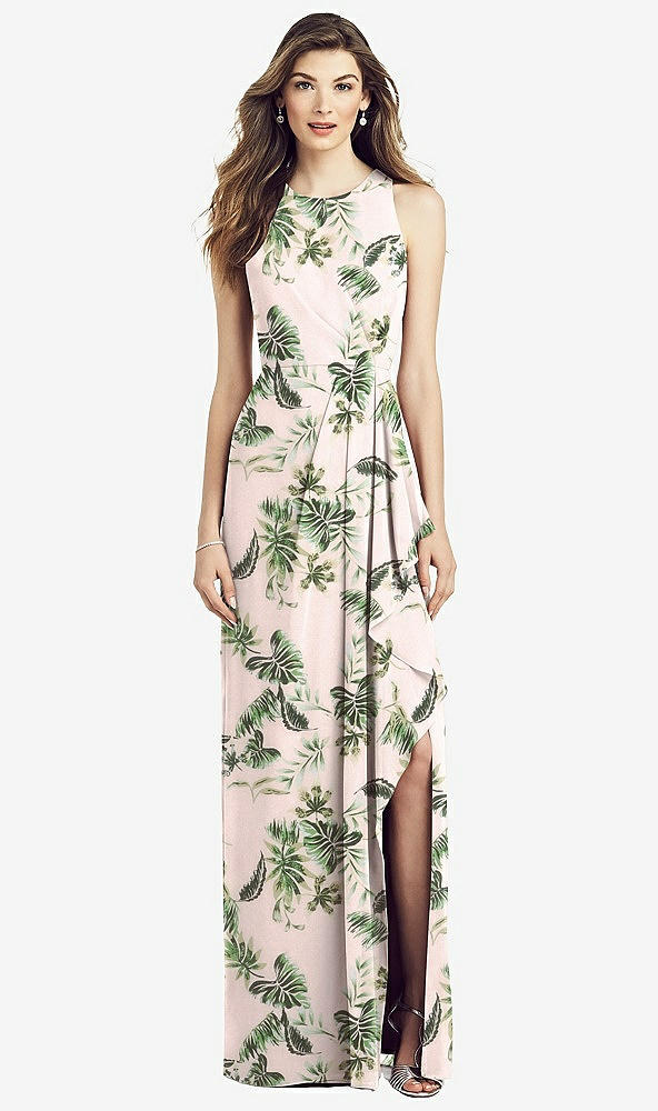 Front View - Palm Beach Print Sleeveless Chiffon Dress with Draped Front Slit