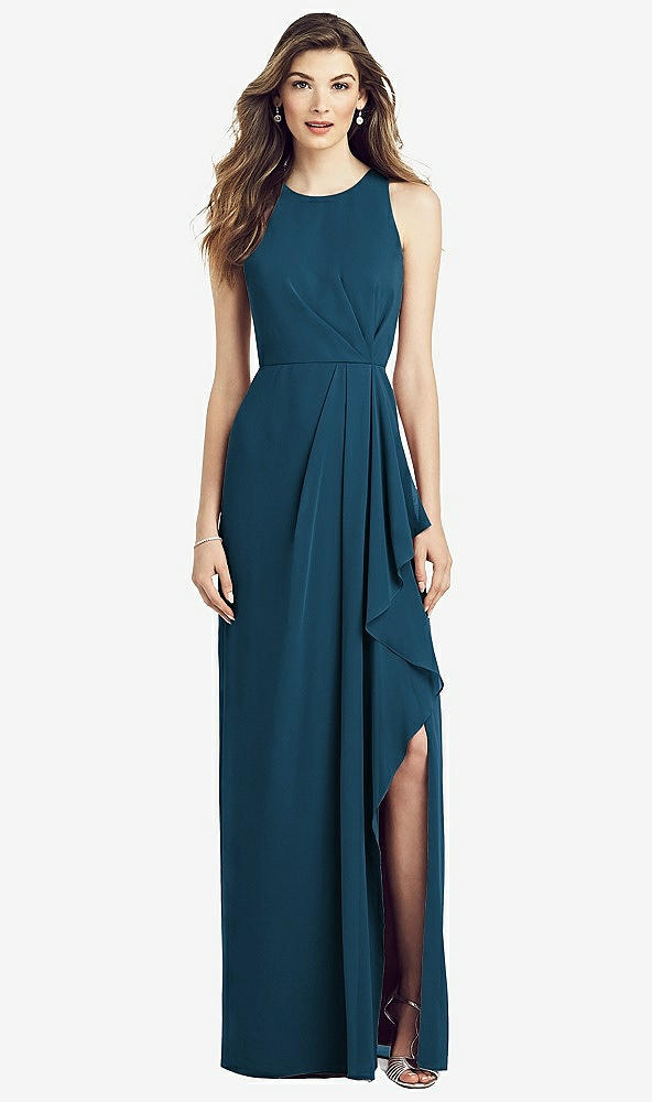 Front View - Atlantic Blue Sleeveless Chiffon Dress with Draped Front Slit