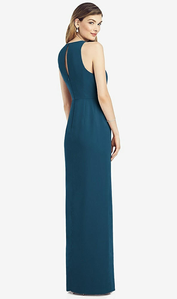 Back View - Atlantic Blue Sleeveless Chiffon Dress with Draped Front Slit