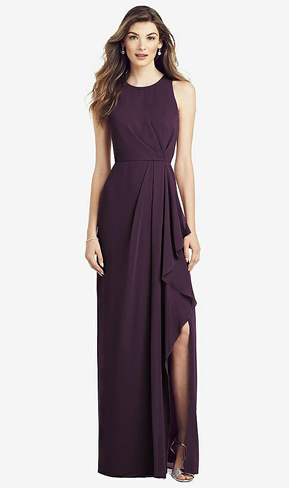 Front View - Aubergine Sleeveless Chiffon Dress with Draped Front Slit