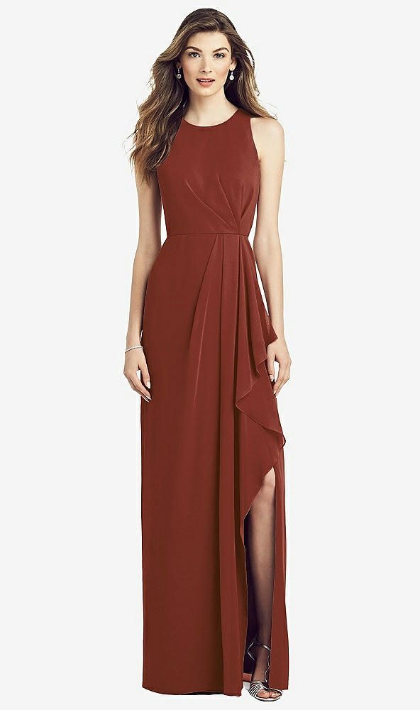 Front View - Auburn Moon Sleeveless Chiffon Dress with Draped Front Slit