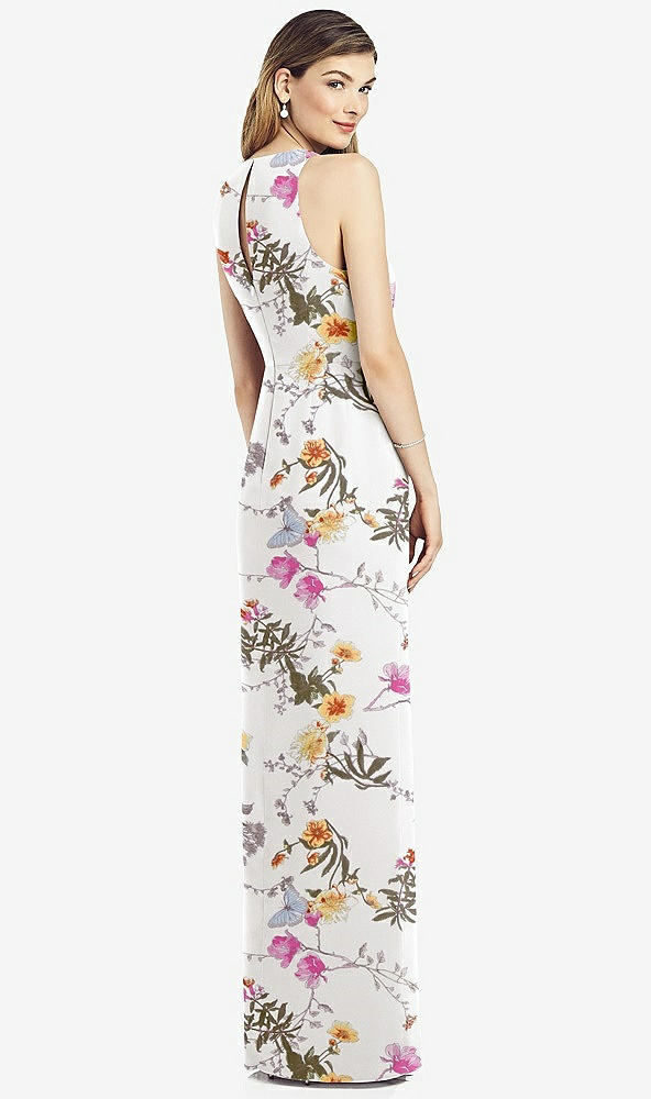 Back View - Butterfly Botanica Ivory Sleeveless Chiffon Dress with Draped Front Slit