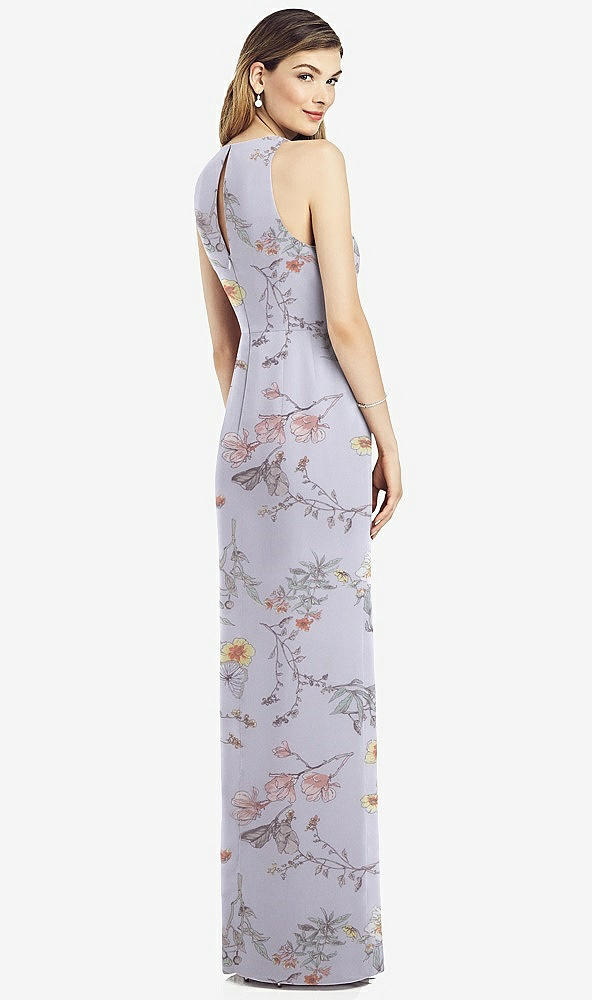 Back View - Butterfly Botanica Silver Dove Sleeveless Chiffon Dress with Draped Front Slit