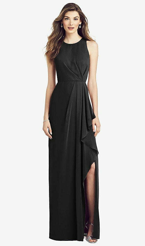 Front View - Black Sleeveless Chiffon Dress with Draped Front Slit