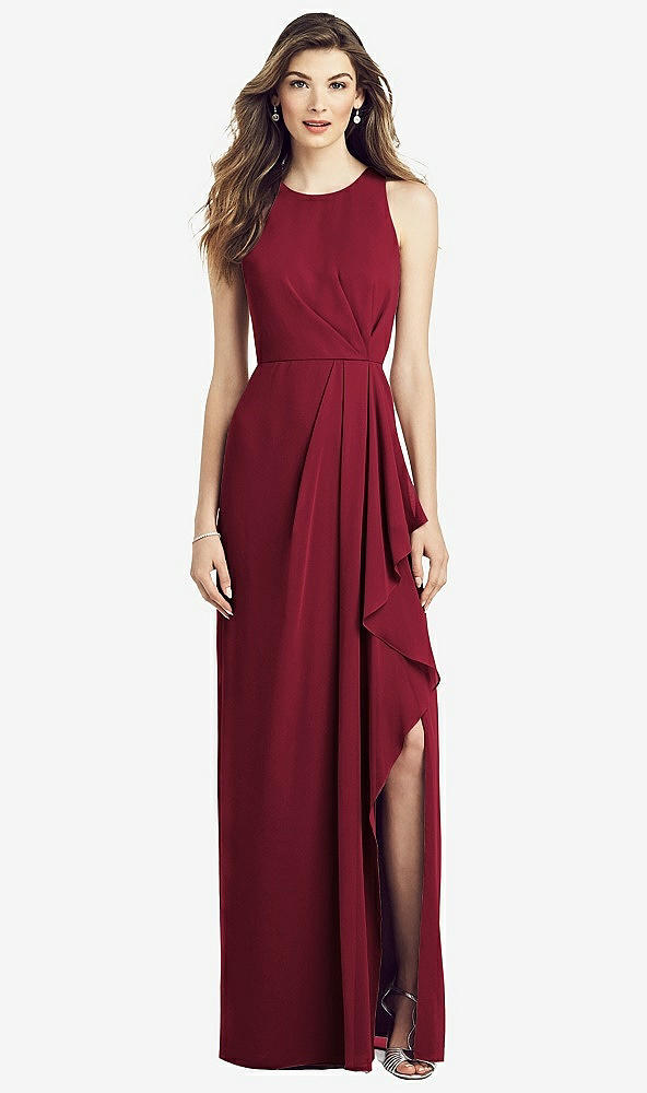 Front View - Burgundy Sleeveless Chiffon Dress with Draped Front Slit