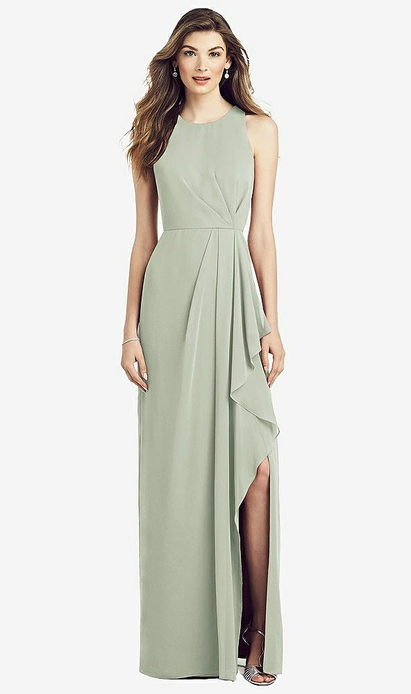 Front View - Celadon Sleeveless Chiffon Dress with Draped Front Slit