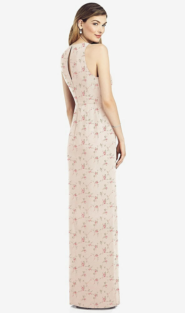 Back View - Coquette Floral Print Sleeveless Chiffon Dress with Draped Front Slit