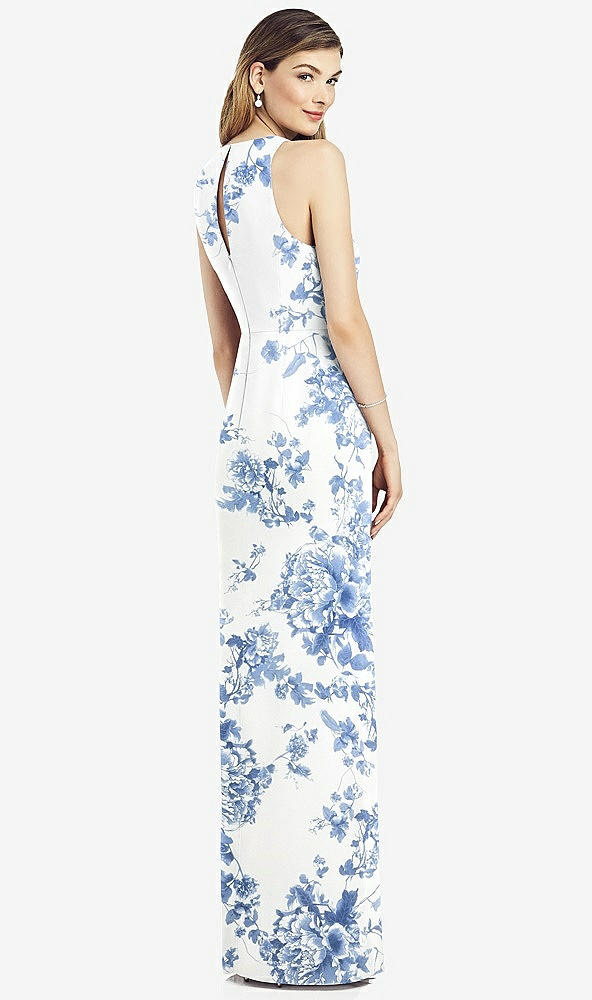 Back View - Cottage Rose Dusk Blue Sleeveless Chiffon Dress with Draped Front Slit