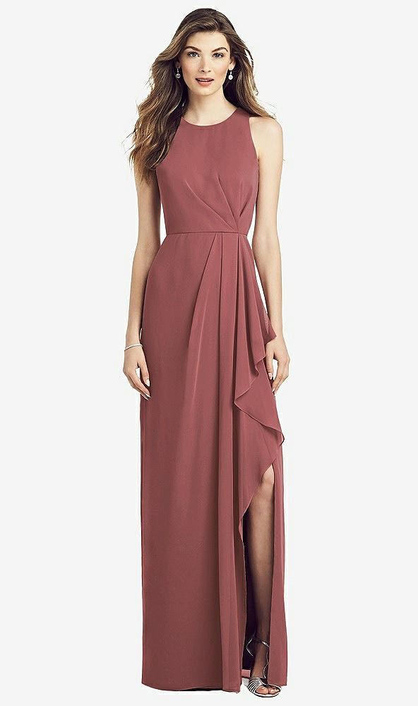 Front View - English Rose Sleeveless Chiffon Dress with Draped Front Slit