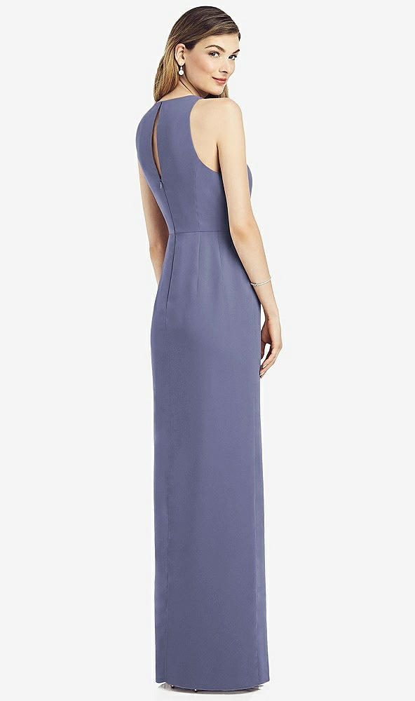 Back View - French Blue Sleeveless Chiffon Dress with Draped Front Slit