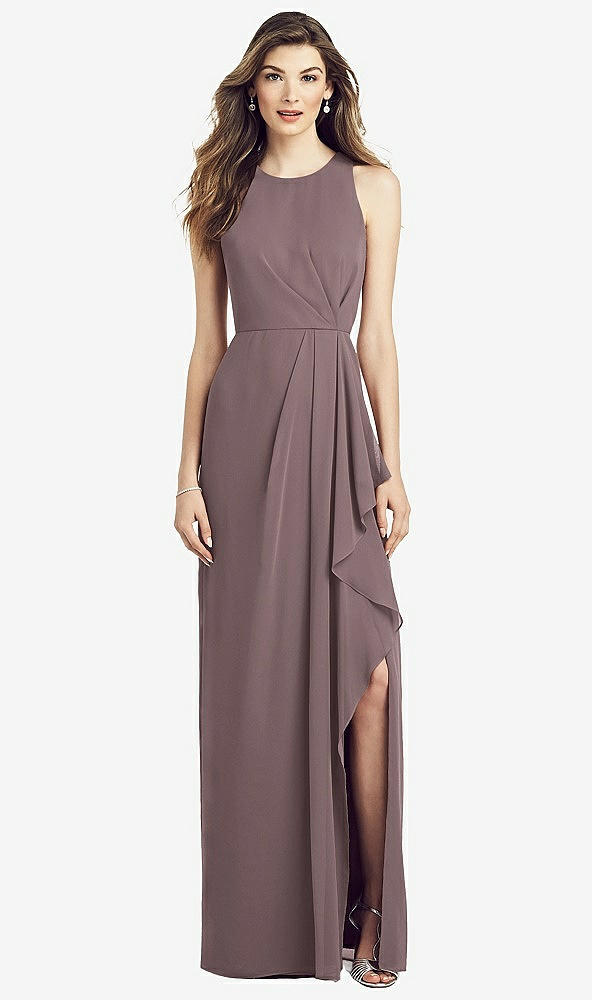 Front View - French Truffle Sleeveless Chiffon Dress with Draped Front Slit