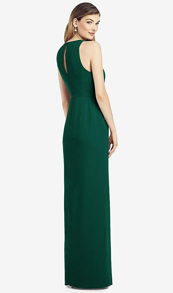 Back View - Hunter Green Sleeveless Chiffon Dress with Draped Front Slit