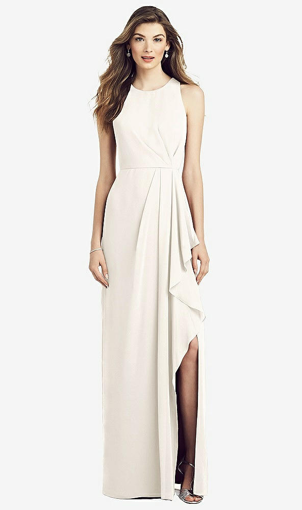 Front View - Ivory Sleeveless Chiffon Dress with Draped Front Slit