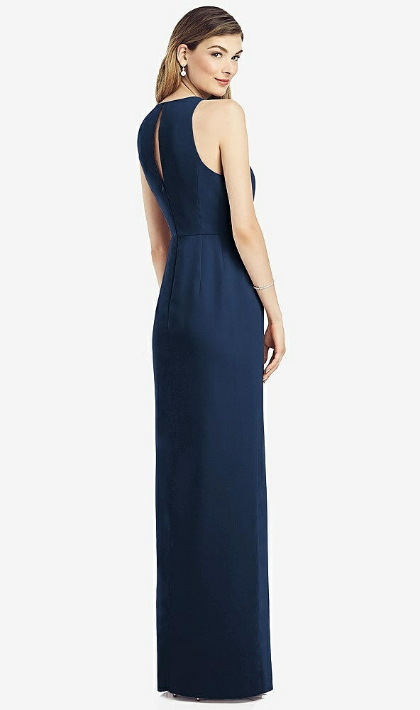 Back View - Midnight Navy Sleeveless Chiffon Dress with Draped Front Slit