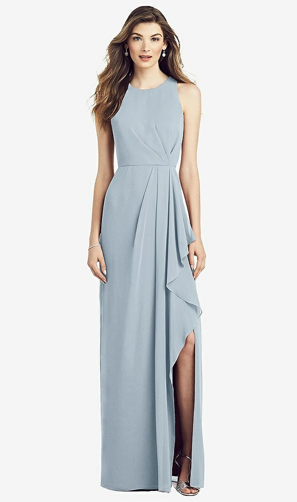 Front View - Mist Sleeveless Chiffon Dress with Draped Front Slit