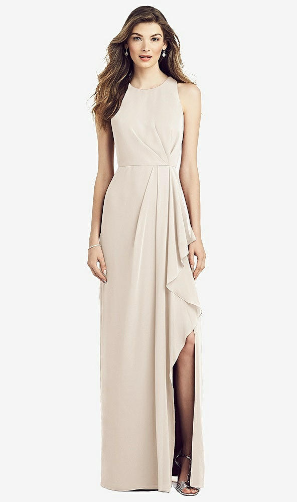 Front View - Oat Sleeveless Chiffon Dress with Draped Front Slit