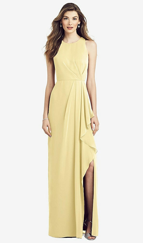 Front View - Pale Yellow Sleeveless Chiffon Dress with Draped Front Slit