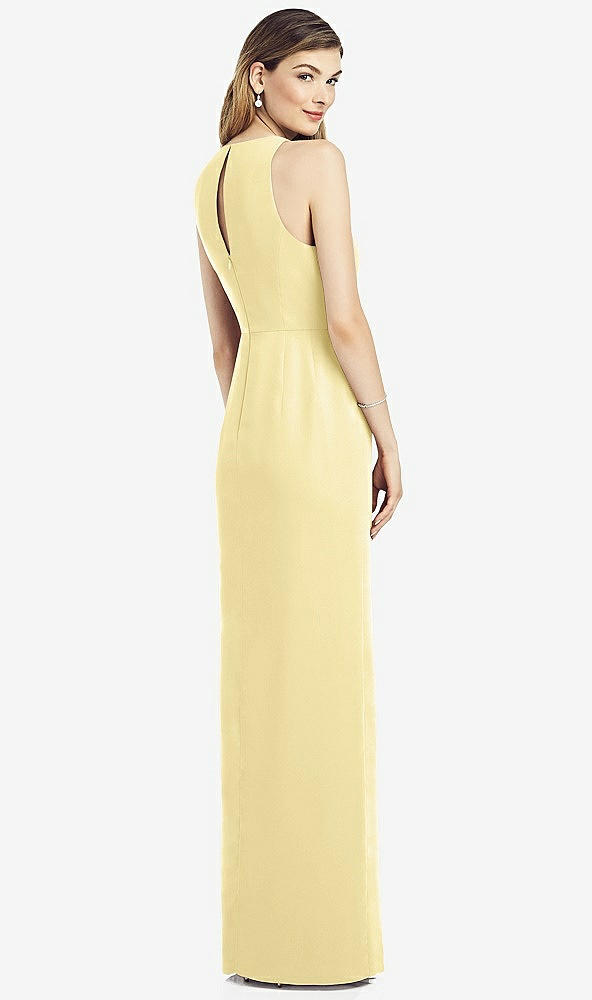 Back View - Pale Yellow Sleeveless Chiffon Dress with Draped Front Slit