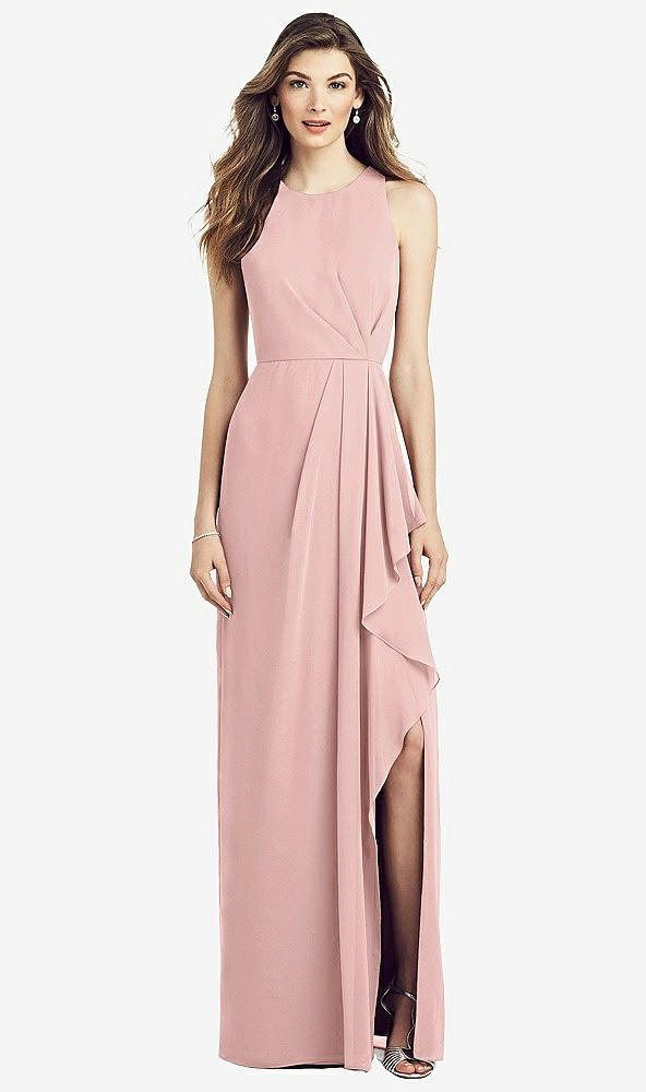 Front View - Rose - PANTONE Rose Quartz Sleeveless Chiffon Dress with Draped Front Slit