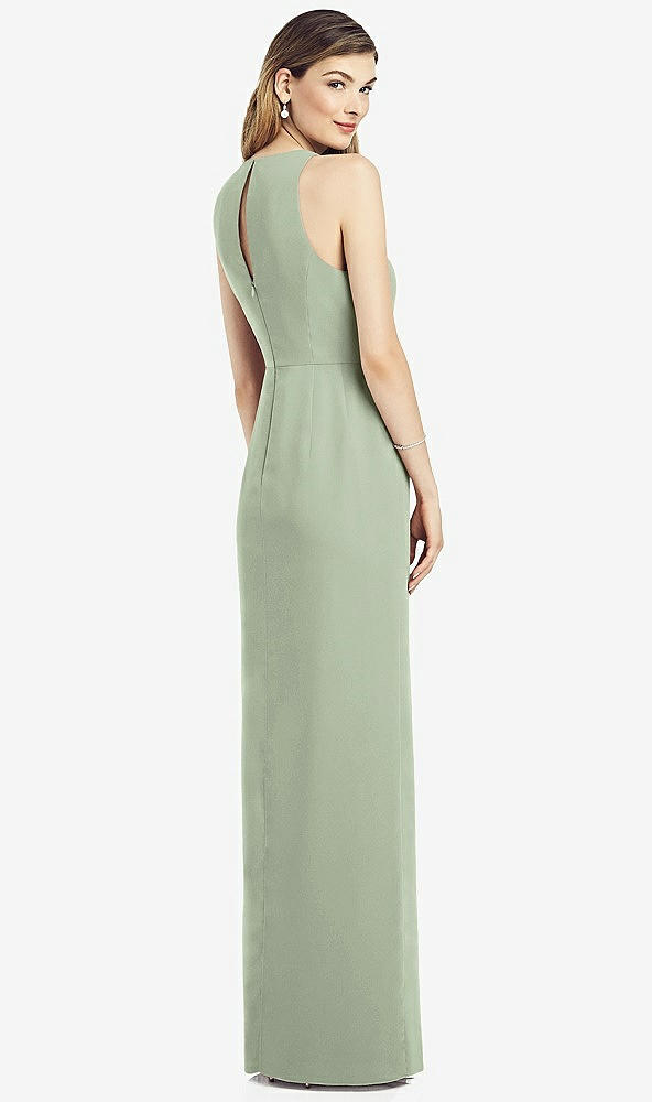 Back View - Sage Sleeveless Chiffon Dress with Draped Front Slit